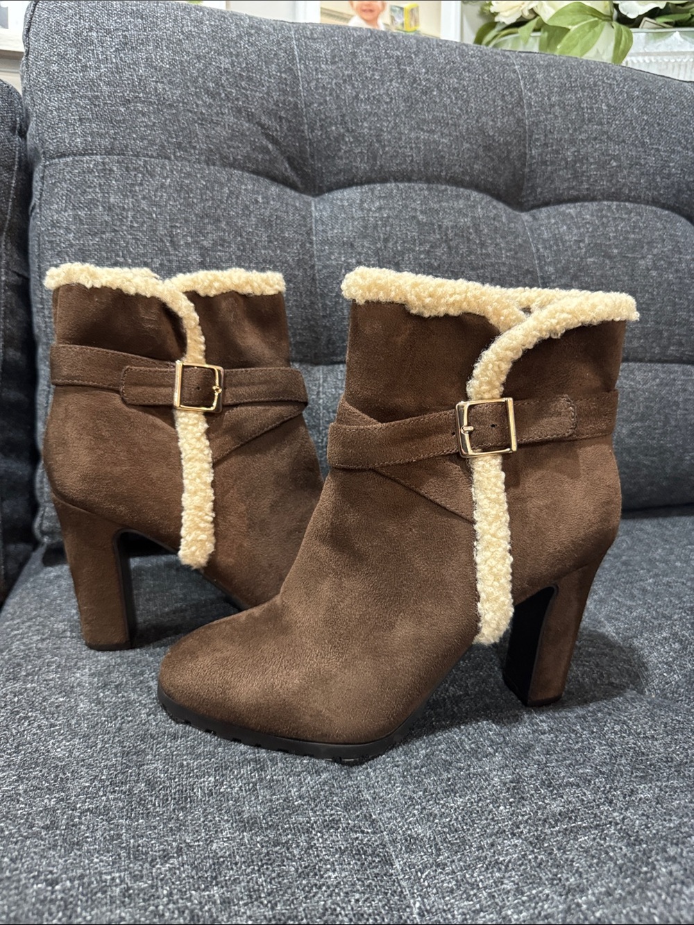 Size 8 Impo Brown Suede Shearling-Trim High Heel Ankle Boots